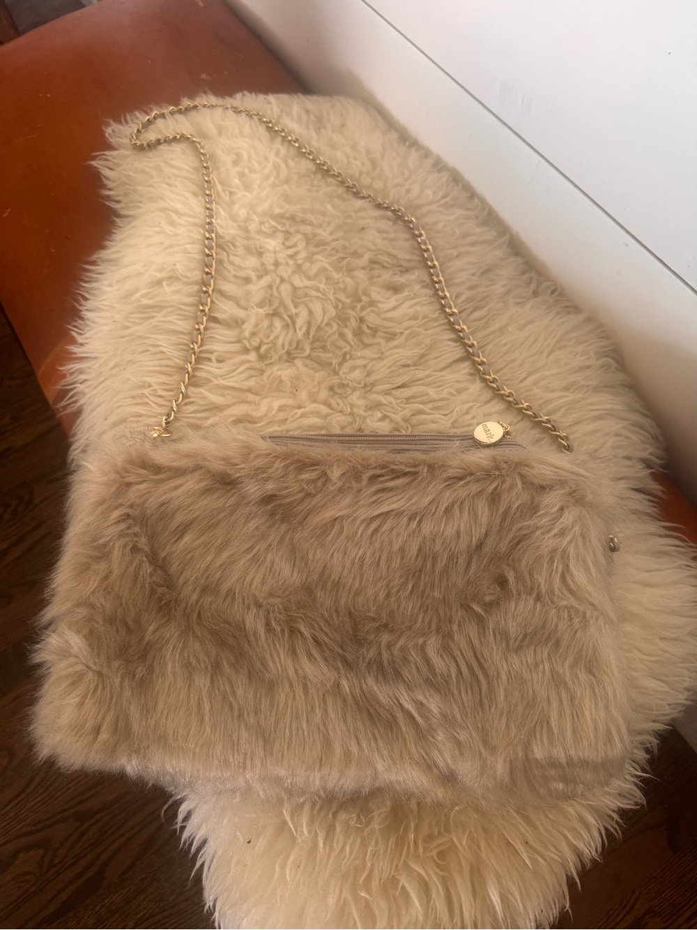 Faux Fur Beige Crossbody Bag with Chain Strap